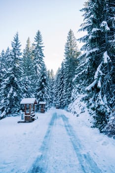 Snow-covered wooden souvenir kiosks along the road in the winter forest. High quality photo