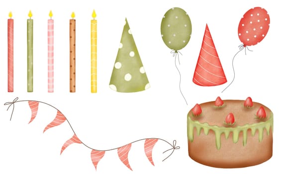 Watercolor set for birthdays and holidays isolate on a white background. Hats and candles, garlands of flags and balloons, and a cake with strawberries. For the design of banners and greeting cards. High quality photo