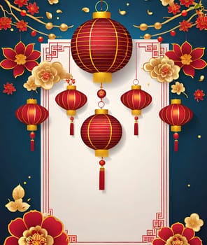 Greeting card with paper lanterns and flowers.Chinese new year  background.Happy Chinese New Year