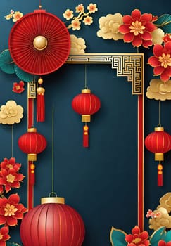 Greeting card with paper lanterns and flowers.Chinese new year  background.Happy Chinese New Year