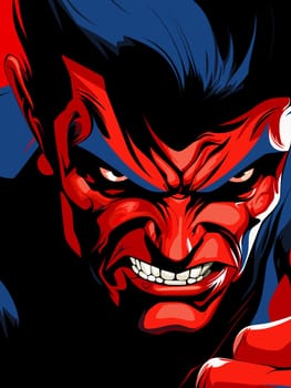 Portrait of a man in the character of the devil in red and blue colours in vector art style