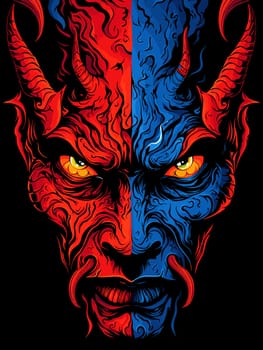 Portrait of a man in the character of the devil in red and blue colours in vector art style