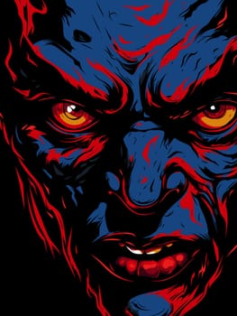 Portrait of a man in the character of the devil in red and blue colours in vector art style