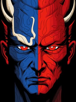 Portrait of a man in the character of the devil in red and blue colours in vector art style