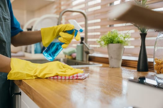Occupied woman disinfects kitchen worktop with spray ensuring hygiene. Housekeeping routine for a clean home. Portrait of diligent cleaner caring for home purity. Clean disinfect home care. Give me.