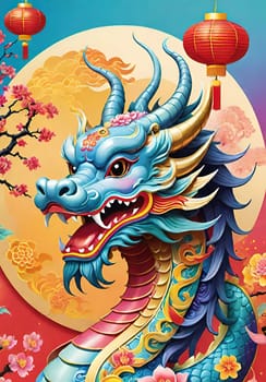 Greeting card with paper lanterns and flowers.Chinese new year  background.Happy Chinese New Year .Year of the dragon.Chinese New Year Greeting Card with Dragon and flower. Vector illustration.