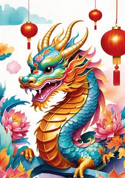 Greeting card with paper lanterns and flowers.Chinese new year  background.Happy Chinese New Year .Year of the dragon.Chinese New Year Greeting Card with Dragon and flower. Vector illustration.