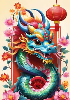 Greeting card with paper lanterns and flowers.Chinese new year  background.Happy Chinese New Year .Year of the dragon.Chinese New Year Greeting Card with Dragon and flower. Vector illustration.