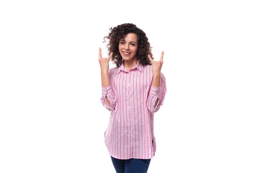 young office worker woman dressed in a striped pink shirt on a white background.