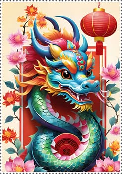 Greeting card with paper lanterns and flowers.Chinese new year background.Happy Chinese New Year .Year of the dragon.Chinese New Year Greeting Card with Dragon and flower. Vector illustration.