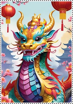 Greeting card with paper lanterns and flowers.Chinese new year background.Happy Chinese New Year .Year of the dragon.Chinese New Year Greeting Card with Dragon and flower. Vector illustration.