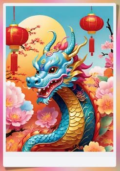 Greeting card with paper lanterns and flowers.Chinese new year background.Happy Chinese New Year .Year of the dragon.Chinese New Year Greeting Card with Dragon and flower. Vector illustration.