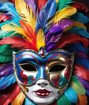 Colorful carnival mask with feathers on background, closeup.Traditional Venetian carnival mask with feathers on  background.Mask with feathers on black background, carnival concept.