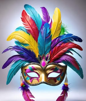 Colorful carnival mask with feathers on background, closeup.Traditional Venetian carnival mask with feathers on  background.Mask with feathers on black background, carnival concept.
