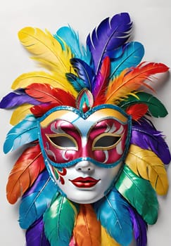 Colorful carnival mask with feathers on background, closeup.Traditional Venetian carnival mask with feathers on  background.Mask with feathers on black background, carnival concept.