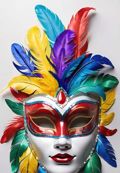 Colorful carnival mask with feathers on background, closeup.Traditional Venetian carnival mask with feathers on  background.Mask with feathers on black background, carnival concept.