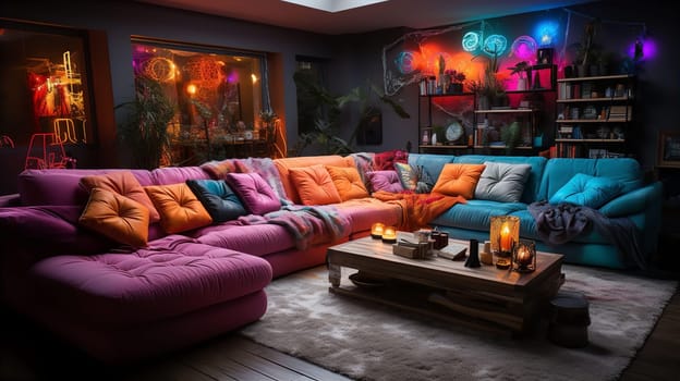 Multi colored sofa in room with red violet lighting. Interior design concept. AI generated