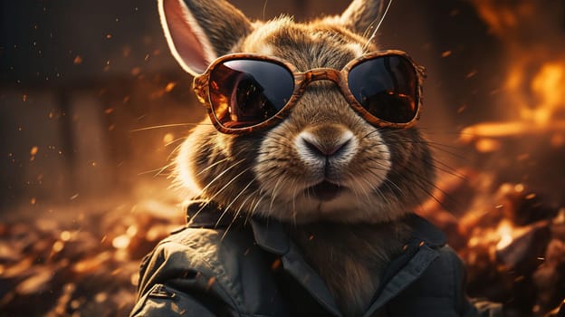 Rabbit in sunglasses on background of fire. Protection of animals and environment concept. AI generated