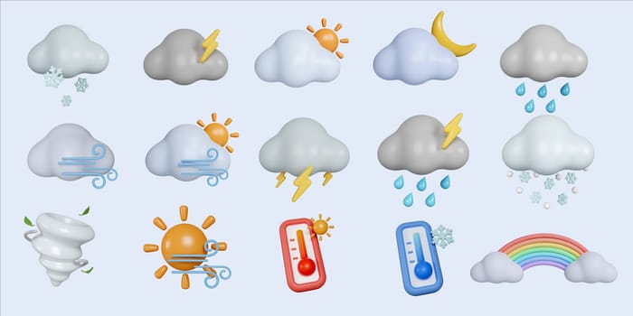 3D Weather set emoji icon. Cloud with sun, crescent moon, lightning, rain, wind and snow. Cartoon creative design icon isolated on blue background.3d rendering illustration. Clipping path..