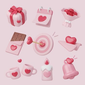 3d icon set of Valentine's day ,Hearts, sweet chocolate and gifts, Valentine's Day Concept.3d rendering illustration. Clipping path..