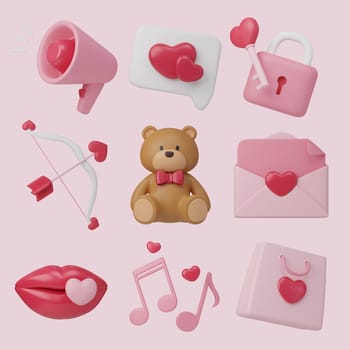3d icon set of Valentine's day ,Hearts, sweet chocolate and gifts, Valentine's Day Concept.3d rendering illustration. Clipping path..