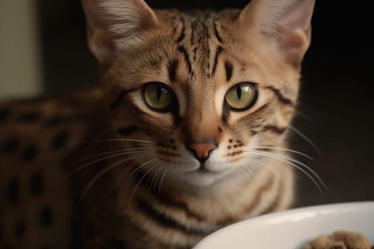 Portrait of a cute cat looking away. Savannah cat breed.