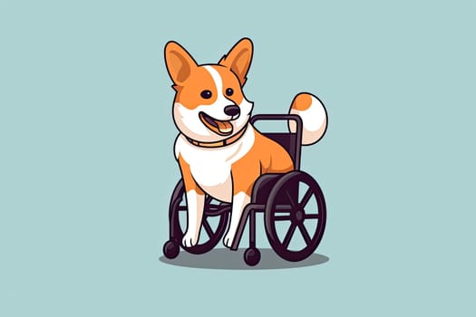 Illustration. Concept of animals with a defect. Picture of a cartoon little red, cute and cheerful dog in a wheelchair on a blue background.