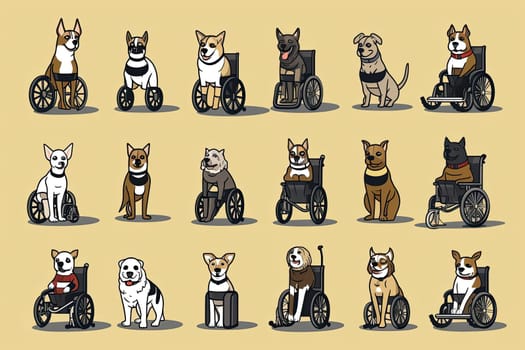 set of images of cute dogs in wheelchairs. animals with paw defects.. Illustration of domestic animals. Pictures with funny dogs.
