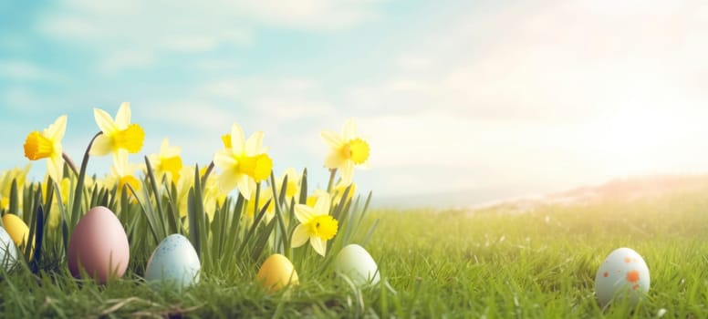 Happy Easter. Easter eggs on green grass with yellow daffodils on a sunny spring day. Easter banner with copy space