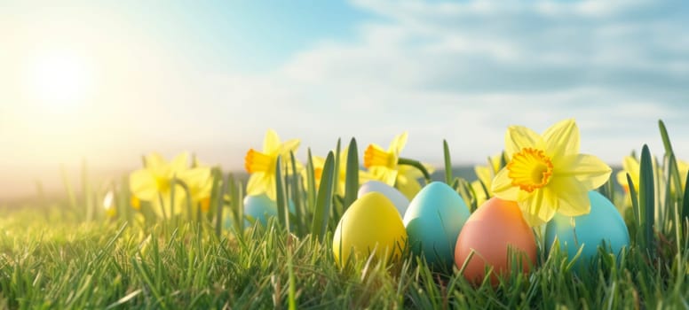 Happy Easter. Easter eggs on green grass with yellow daffodils on a sunny spring day. Easter banner with copy space