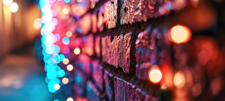 Disco style background with brick wall with neon blue, purple and yellow lights, bokeh.