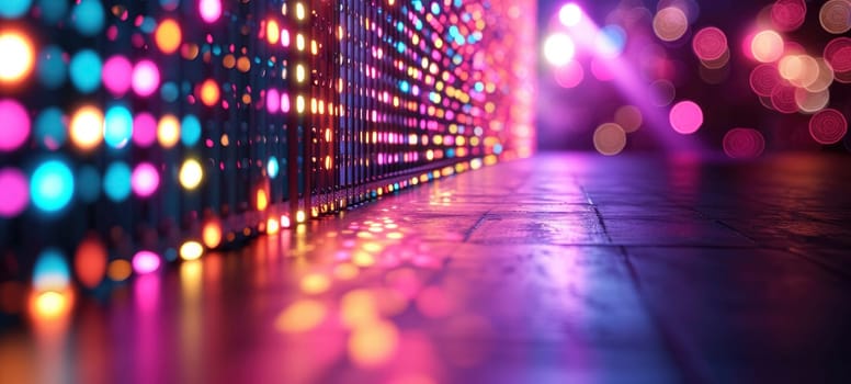 Disco style background with neon blue and purple lights, bokeh. Abstract futuristic background.