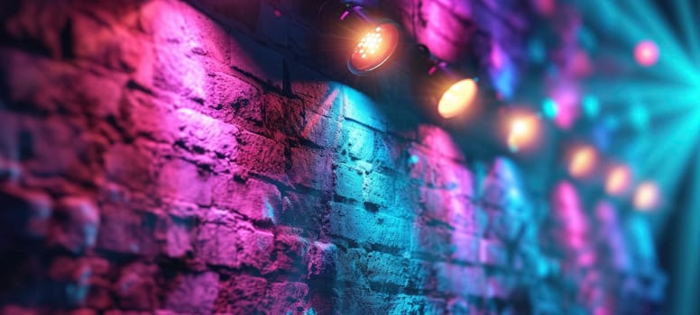 Disco style background with brick wall with neon blue, purple and yellow lights, bokeh.