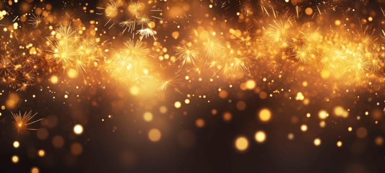 Abstract background with golden fireworks, sparkles, shiny bokeh glitter lights. Festive gold background for card, flyer, invitation, placard, voucher, banner