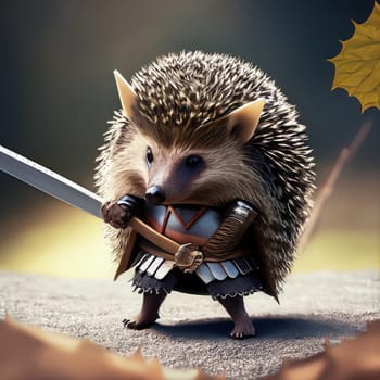 Hedgehog in armor with a sword and a shield on autumn leaves