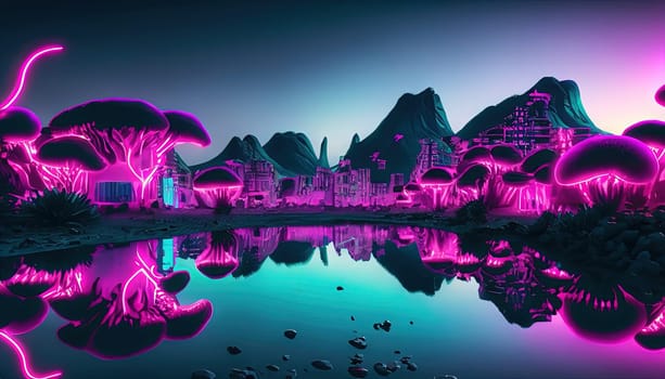 Fantasy water lake and glowing lights landscape in fantasy alien planet. 3d render illustration.