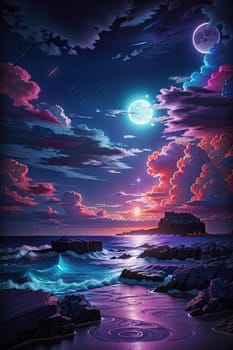 Fantasy seascape. Night sky with clouds and moon. 3d rendering.