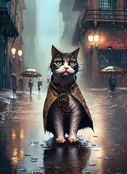 Fantasy portrait of a cat in a raincoat at night.