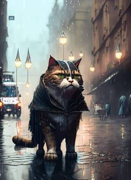 A cat in a raincoat walks through the streets of the city