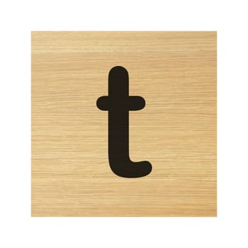 A lower case t wood block on white with clipping path