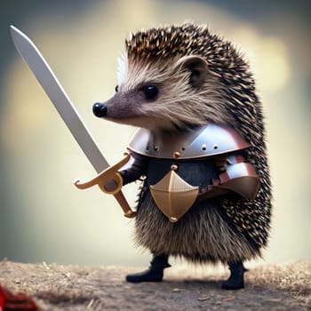 Hedgehog in armor with a sword and shield on the ground