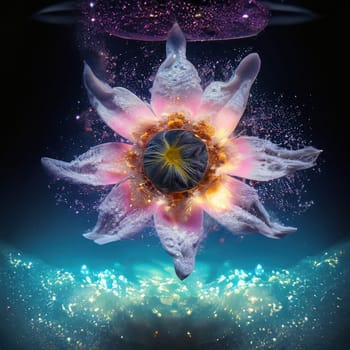 3D illustration of a lotus flower in space with stars and nebula