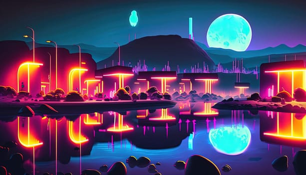 Futuristic city at night with reflection in water. Vector illustration.