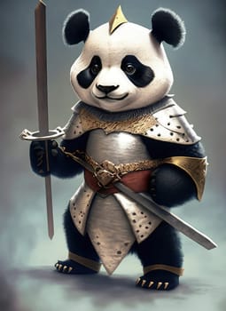 3d illustration of a panda warrior with a sword and shield