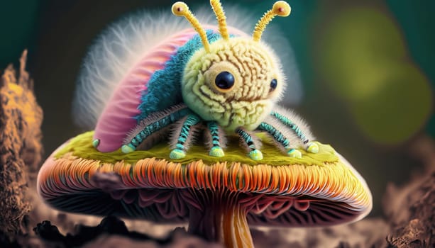 3d illustration of an alien caterpillar sitting on a mushroom