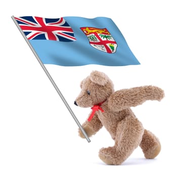 A Fiji Islands flag being carried by a cute teddy bear