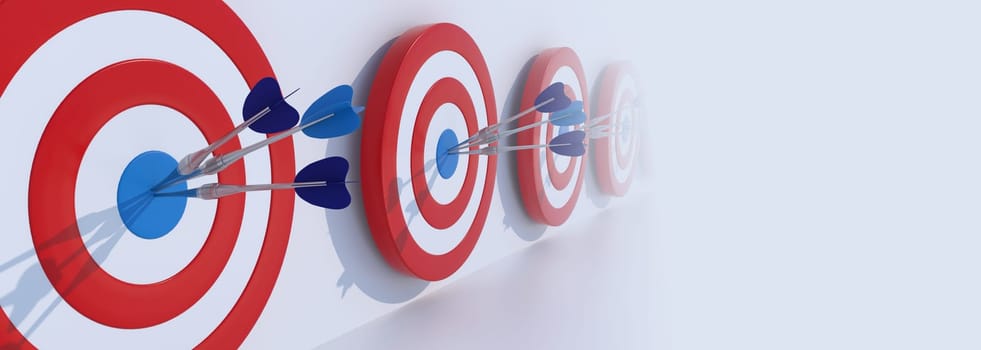 Arrow hit the center of target on white background. Business target achievement concept. 3D Rendering