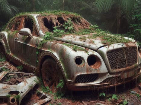 Abandoned rusty expensive atmospheric deluxe sedan car limo as circulation banned for co2 emission 2030 agenda , severe damage, broken parts, plants overgrowth bloom flowers. ai generated