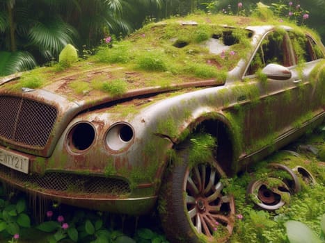 Abandoned rusty expensive atmospheric deluxe sedan car limo as circulation banned for co2 emission 2030 agenda , severe damage, broken parts, plants overgrowth bloom flowers. ai generated