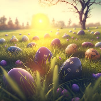 easter eggs scattered on green meadow at sunrise, neural network generated art. Digitally generated image. Not based on any actual person, scene or pattern.